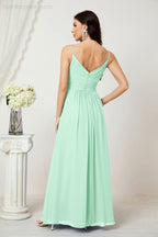 Chiffon V-Neck Bridesmaid Dress Spaghetti Strap Long Formal Party Prom Gowns with Slit 28010