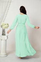Evening Dresses Deep V-Neck Chiffon Bridesmaid Dresses Long Bishop Sleeve Side Split Formal Dress 2806
