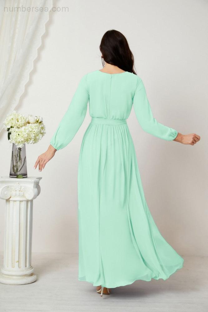 Evening Dresses Deep V-Neck Chiffon Bridesmaid Dresses Long Bishop Sleeve Side Split Formal Dress 2806