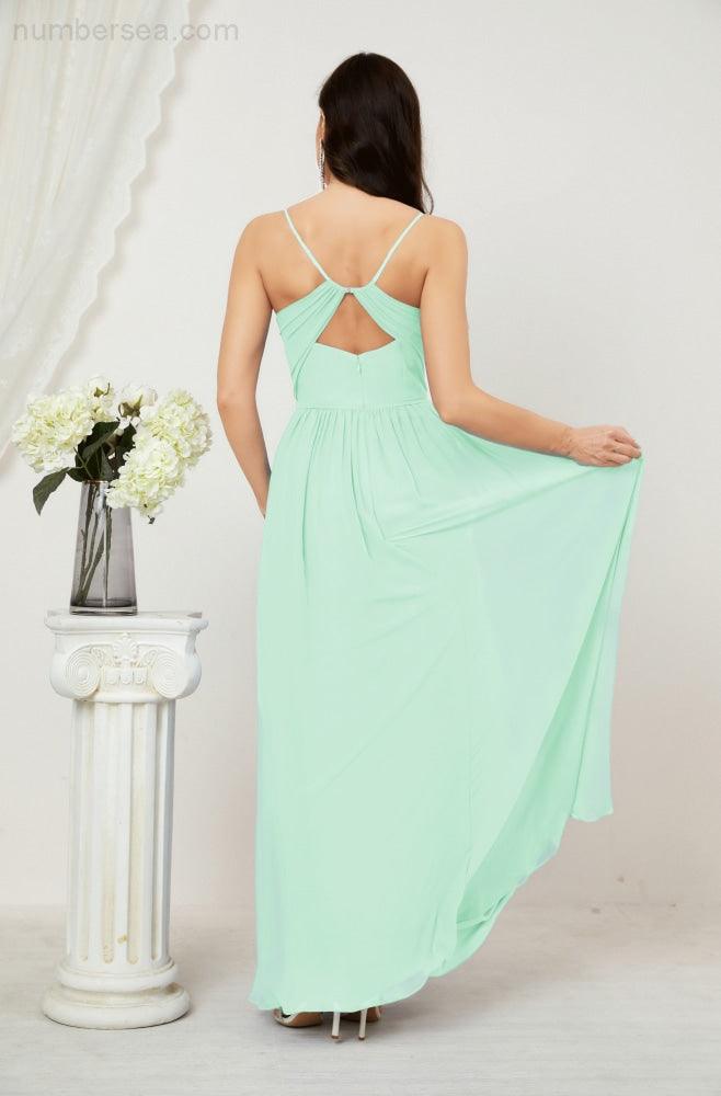 Neck Bridesmaid Dresses Chiffon Long Spaghetti A-line Formal Prom Gown for Wedding Party Evening 2801