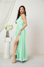 Chiffon V-Neck Bridesmaid Dress Spaghetti Strap Long Formal Party Prom Gowns with Slit 28010
