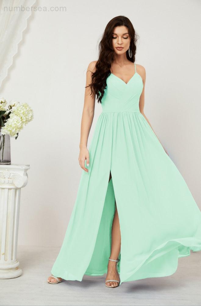 Neck Bridesmaid Dresses Chiffon Long Spaghetti A-line Formal Prom Gown for Wedding Party Evening 2801