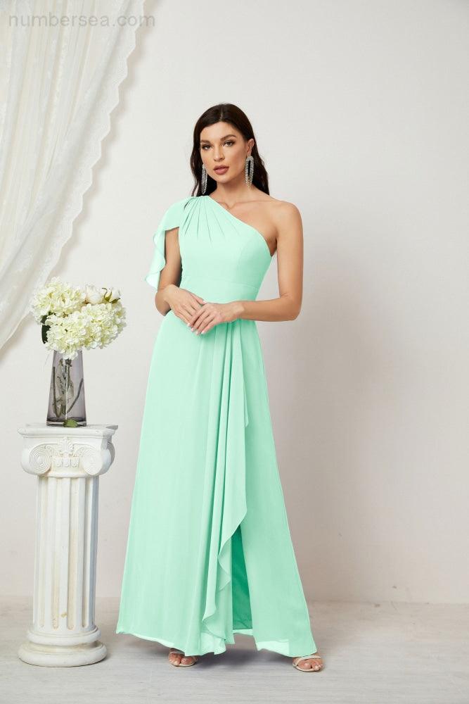 Chiffon Ruffled One Shoulder Long Bridesmaid Dresses A-line Formal Evening Gown Side Split 2809