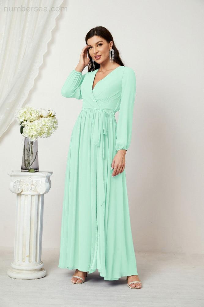 Evening Dresses Deep V-Neck Chiffon Bridesmaid Dresses Long Bishop Sleeve Side Split Formal Dress 2806