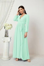 Evening Dresses Deep V-Neck Chiffon Bridesmaid Dresses Long Bishop Sleeve Side Split Formal Dress 2806