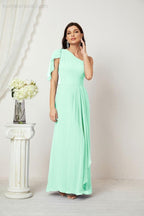 Chiffon Ruffled One Shoulder Long Bridesmaid Dresses A-line Formal Evening Gown Side Split 2809