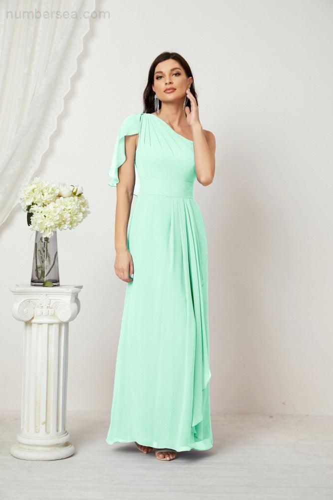 Chiffon Ruffled One Shoulder Long Bridesmaid Dresses A-line Formal Evening Gown Side Split 2809