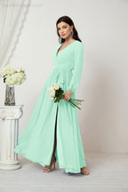 Evening Dresses Deep V-Neck Chiffon Bridesmaid Dresses Long Bishop Sleeve Side Split Formal Dress 2806