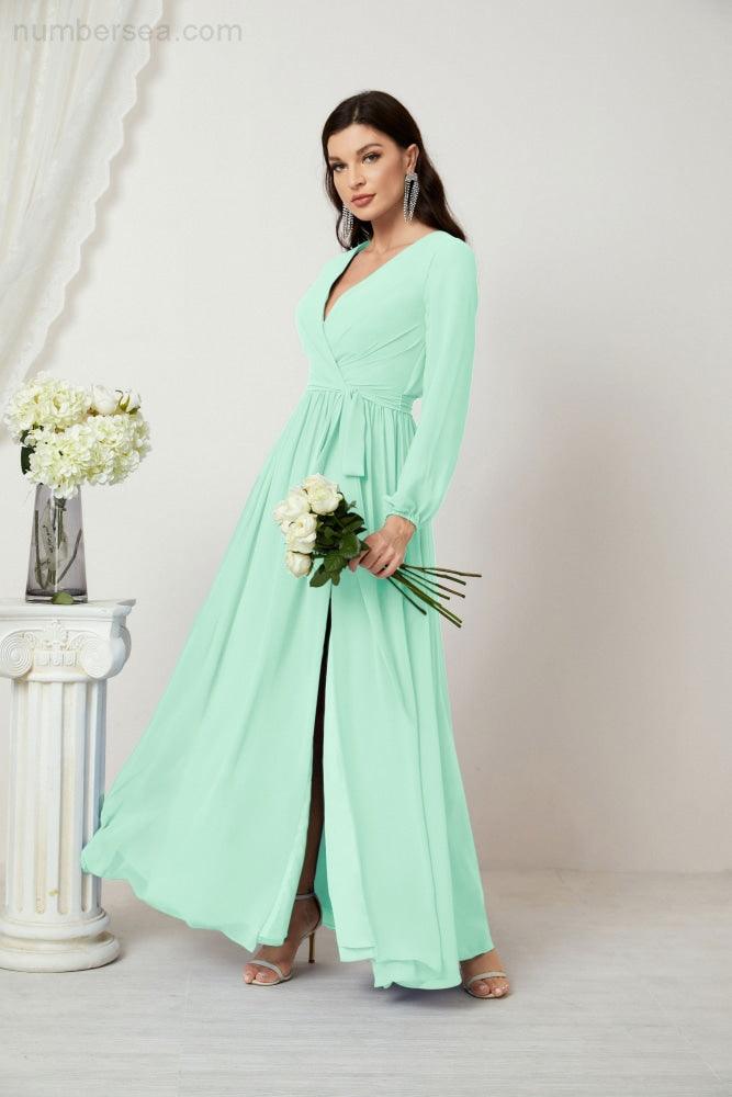 Evening Dresses Deep V-Neck Chiffon Bridesmaid Dresses Long Bishop Sleeve Side Split Formal Dress 2806