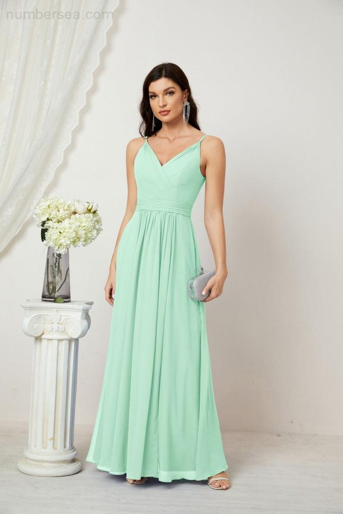 Chiffon V-Neck Bridesmaid Dress Spaghetti Strap Long Formal Party Prom Gowns with Slit 28010