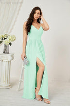 Neck Bridesmaid Dresses Chiffon Long Spaghetti A-line Formal Prom Gown for Wedding Party Evening 2801