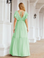Abiti da sera formali da donna Numbersea con schiena scoperta, scollo a V, lunghi in chiffon, abiti da damigella con cintura in vita 28038