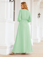 Vestito da damigella d'onore in chiffon da donna Numbersea, linea a trapezio, maniche lunghe, abito lungo formale da sera per ospite di matrimonio 28032