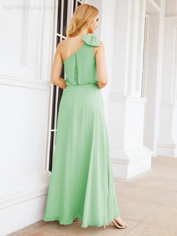 Chiffon Ruffled One Shoulder Sleeveless Long Bride Dresses A-line Formal Evening Gown Side Split 28057