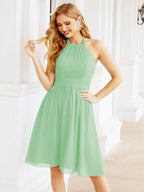 Halter Chiffon Bridesmaid Dresses Short Sleeveless Formal Party Dress Open Back 28023