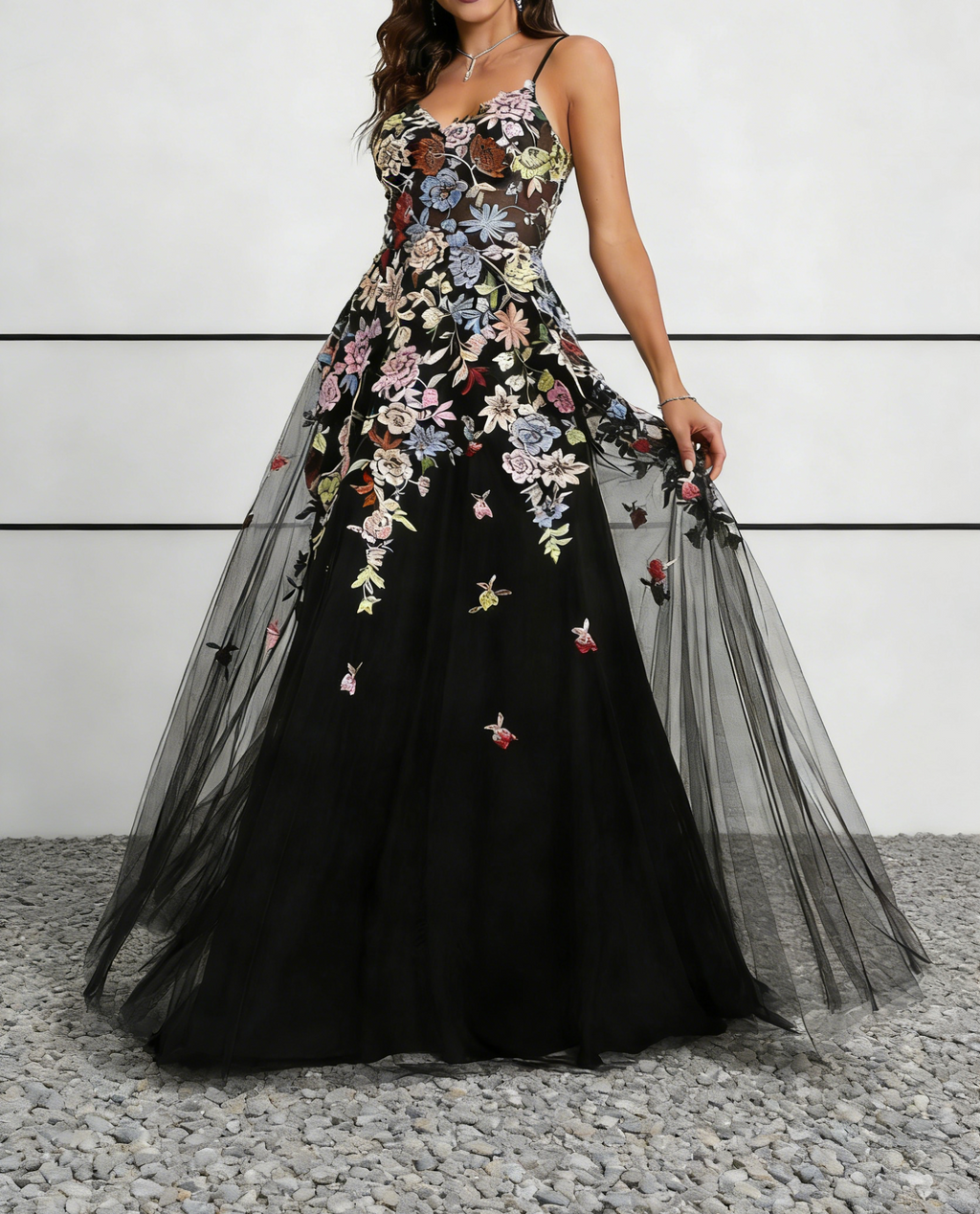 Black Tulle 3D Floral Appliqué Maxi Dress with Spaghetti Straps & Sweetheart Neck