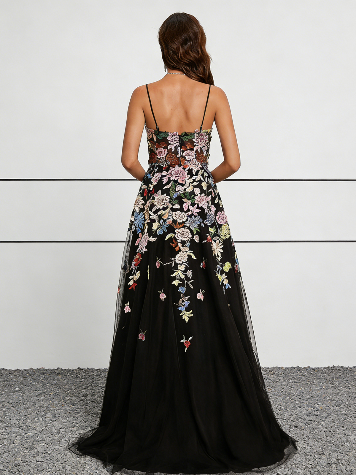 Black Tulle 3D Floral Appliqué Maxi Dress with Spaghetti Straps & Sweetheart Neck