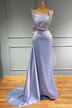 Vestido de Festa Longo Sereia de Um Ombro Só, Sem Mangas, em Cetim com Contas e Folhos