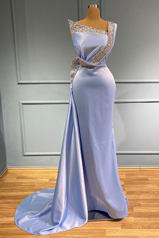 Vestido de Festa Longo Sereia de Um Ombro Só, Sem Mangas, em Cetim com Contas e Folhos