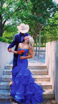 Robe de bal longue sirène en tulle satin bleu royal avec bas