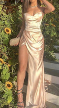 Robes de soirée longue en satin à décolleté cœur sirène, fente latérale, robes de bal Y304