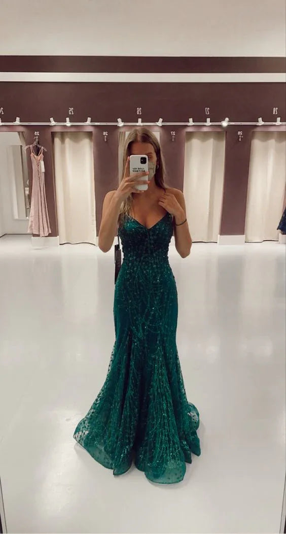 Vestido de Baile Verde Escuro com Decote em V Sereia Vestido de Noite Deslumbrante Y325