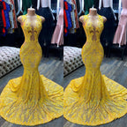 Abito da sera giallo lungo senza maniche con scollo a V, paillettes, pizzo e taglio a sirena