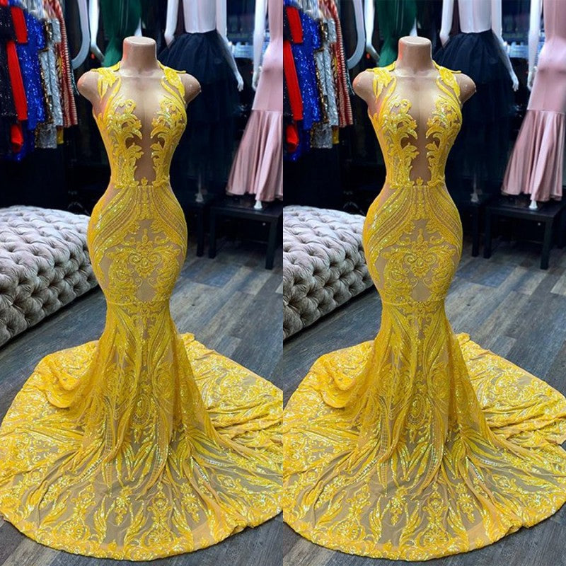 Abito da sera giallo lungo senza maniche con scollo a V, paillettes, pizzo e taglio a sirena