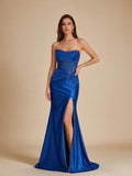 Royal Blue Strapless Corset Prom Dress with High Slit