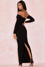 Elegante Abito da Sera Maxi Bandeau Spalla Scoperta con Spacco Posteriore - Nero