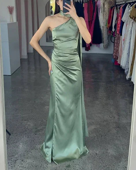 Vestido de Festa Longo Elegante em Cetim Rosa Choque com Um Ombro Só Modelo Y8419