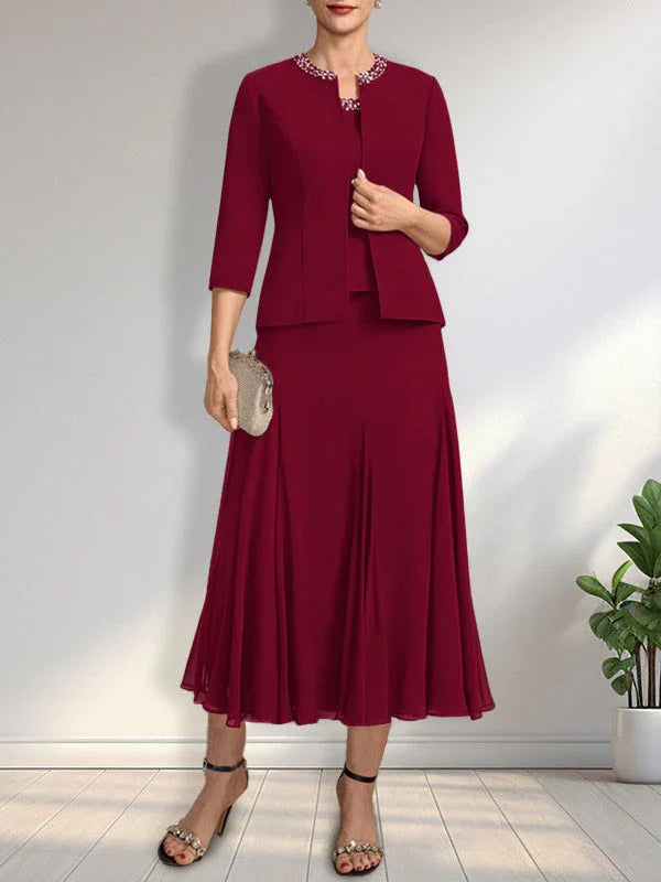 Getrenntes A-Linien Kleid mit U-Boot-Ausschnitt in Tee-Länge aus Chiffon für die Brautmutter mit Paillettenstickerei