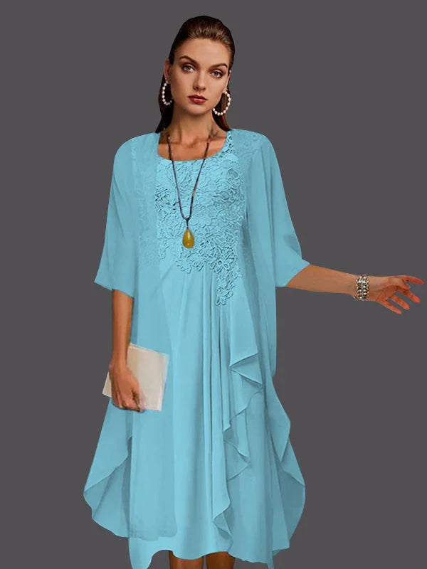 Vestidos de dos piezas con chaqueta sin mangas de encaje de gasa en línea A con pliegues y apliques