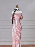 Vestido Longo de Cetim Rosa Deslumbrante com Ombros Descobertos, Estilo Sereia, para Baile e Noite Y8630
