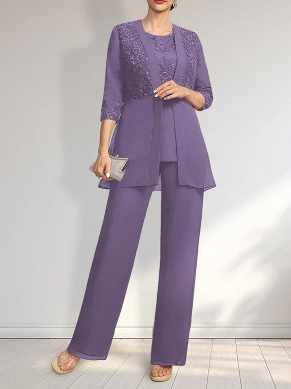 Tuta/Pantaloni Separati con Scollo a U, Lunghezza a Terra, in Chiffon e Pizzo, Abito per Madre della Sposa con Paillettes