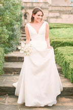 Satin Sleeveless V Neck Wedding Dress Elegant Bridal Gown