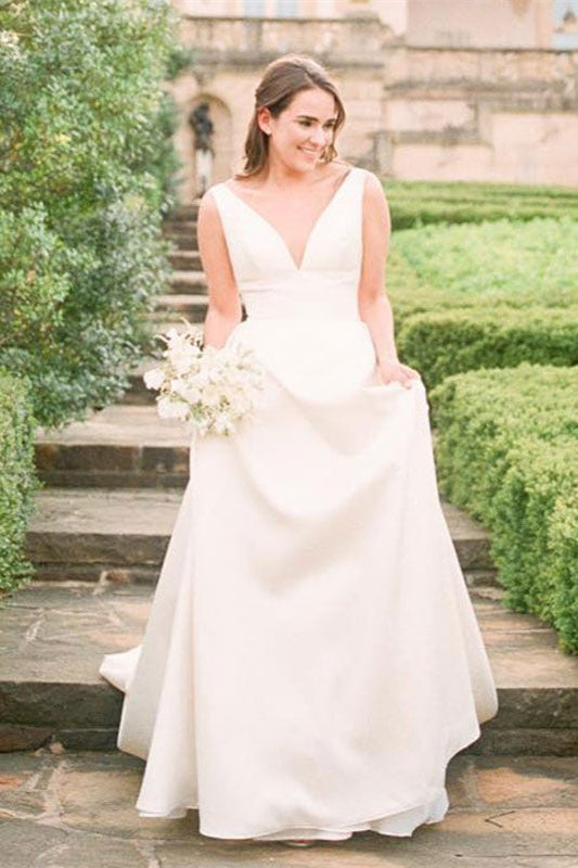 Satin Sleeveless V Neck Wedding Dress Elegant Bridal Gown