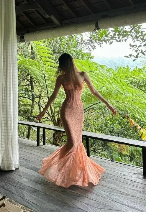 Vestido largo de noche sirena con encaje seductor Y7693