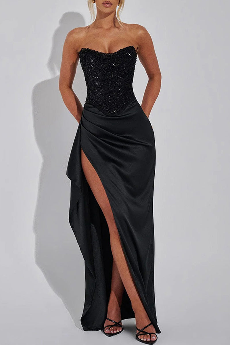 Vestidos de noche sexys con lentejuelas, aberturas y fruncidos en los hombros 