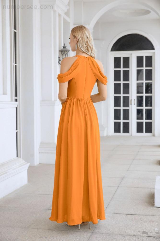 Abito da sera da damigella in chiffon con spalle scoperte, maniche a campana e spacco frontale, abito da festa nuziale 28117