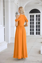 Abito da sera da damigella in chiffon con spalle scoperte, maniche a campana e spacco frontale, abito da festa nuziale 28117
