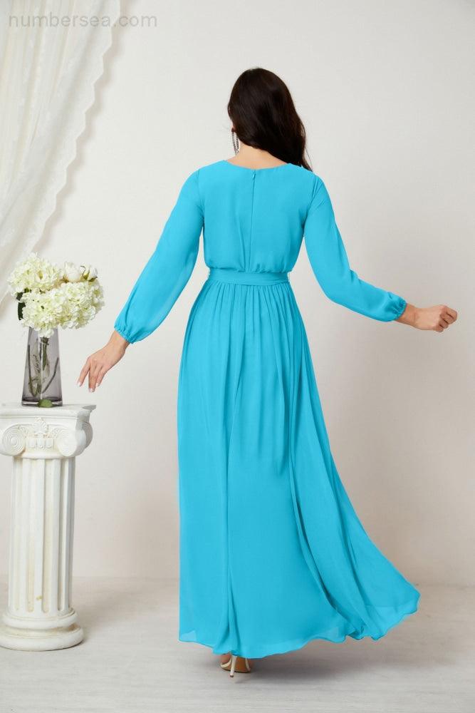 Evening Dresses Deep V-Neck Chiffon Bridesmaid Dresses Long Bishop Sleeve Side Split Formal Dress 2806