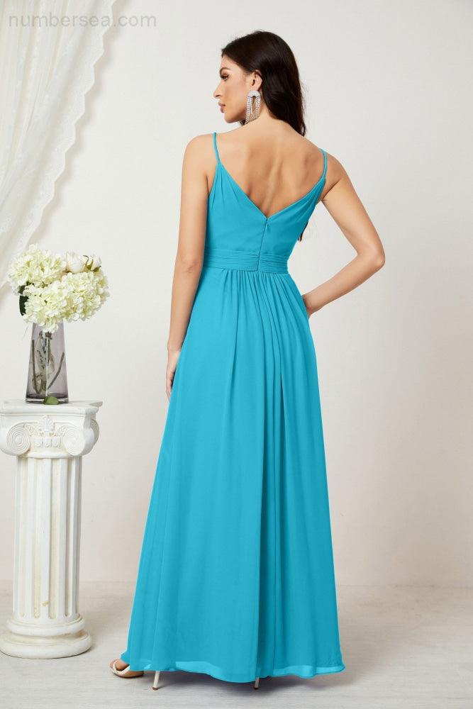 Chiffon V-Neck Bridesmaid Dress Spaghetti Strap Long Formal Party Prom Gowns with Slit 28010