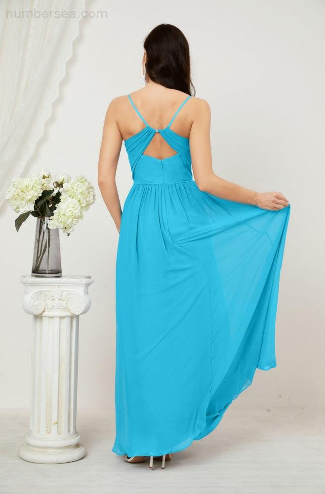 Neck Bridesmaid Dresses Chiffon Long Spaghetti A-line Formal Prom Gown for Wedding Party Evening 2801