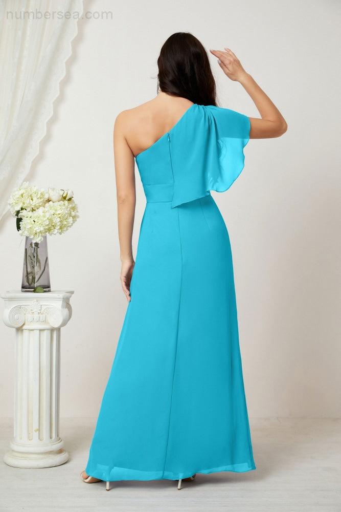 Chiffon Ruffled One Shoulder Long Bridesmaid Dresses A-line Formal Evening Gown Side Split 2809