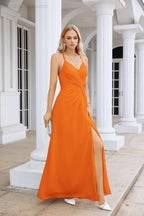 Vestido de Festa Comprido até ao Chão para Damas de Honra, em Chiffon, com Alças Finas, Decote em V e Fenda Frontal, para Baile, Festa e Casamento 28116