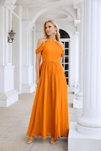 Abito da sera da damigella in chiffon con spalle scoperte, maniche a campana e spacco frontale, abito da festa nuziale 28117