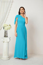 Chiffon Ruffled One Shoulder Long Bridesmaid Dresses A-line Formal Evening Gown Side Split 2809