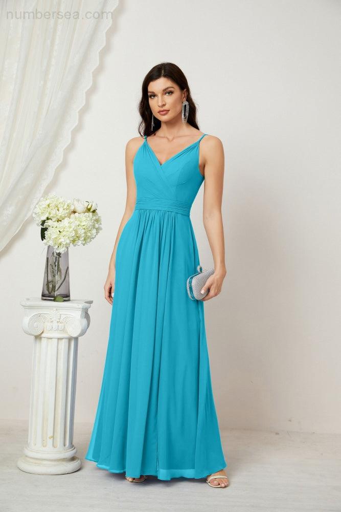 Chiffon V-Neck Bridesmaid Dress Spaghetti Strap Long Formal Party Prom Gowns with Slit 28010