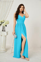 Neck Bridesmaid Dresses Chiffon Long Spaghetti A-line Formal Prom Gown for Wedding Party Evening 2801